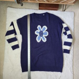 Navy Blue Floral Crewneck Sweater - Women's
